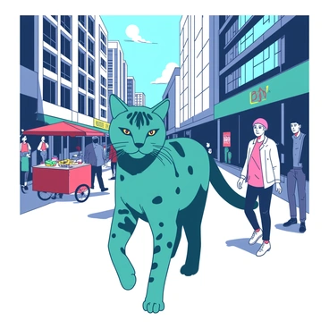 A teal Bengal cat is confidently walking down a vibrant street filled with people. The cat's glossy fur features distinct black spots and rosettes, highlighting its striking appearance. On both sides of the street, there are tall buildings with large glass windows reflecting the sunlight. People of various ages and styles are walking by, some stopping to admire the cat. A street vendor cart selling colorful snacks is visible in the background, adding to the lively atmosphere. The scene captures the energy of the city, with the cat standing out as a focal point.