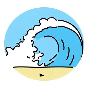 A large, powerful wave is crashing onto a sandy shore. The wave is depicted in a dynamic arc, showcasing its white frothy crest. The beach is empty, with smooth golden sand visible beneath the wave. The background features a clear blue sky, emphasizing the force of the wave as it meets the land.