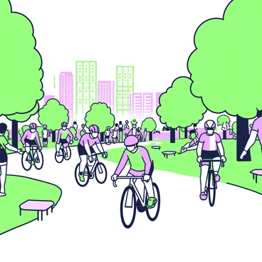 A group of cyclists is racing in a crowded city park during a lively cycling competition. The cyclists are wearing bright helmets and colorful jerseys as they pedal furiously along a winding path. Spectators line the sides of the path, some holding banners and cheering. Trees with lush green foliage frame the scene, while city buildings can be seen in the background. A couple of benches are positioned along the path, occupied by people watching the race. In the foreground, a cyclist, focused and determined, leans forward on their bicycle, showing off their intense effort.