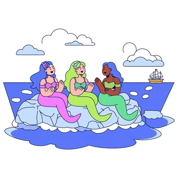 A group of three sirens sitting on a cluster of jagged rocks by the sea. Each siren has long flowing hair in various shades of blue and green. They are wearing shimmering scales that reflect the sunlight. The sirens are singing, with their mouths open in harmonious melodies. Waves crash against the rocks below, and in the background, a distant ship sails by, its crew captivated by the sirens' song. The sky is clear with a few fluffy clouds drifting above.