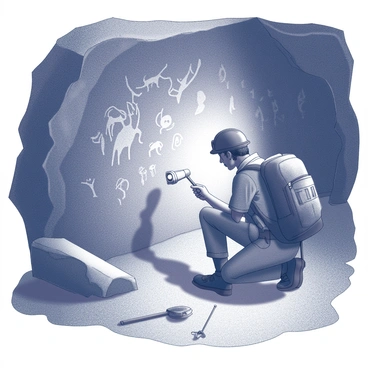 An archaeologist kneeling in a dimly lit cave, carefully examining ancient cave art on the rocky wall. The archaeologist is dressed in rugged gear, with a headlamp illuminating the intricate symbols and figures etched into the stone. The cave walls are rough and uneven, with shadows casting over the archaeological tools scattered nearby. The atmosphere conveys a sense of intrigue as the archaeologist studies the artwork, which depicts various animals and human figures, revealing a glimpse into past civilizations.