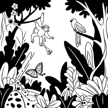 A dense jungle filled with various types of foliage, including large leaves and vines. In the foreground, a monkey swinging from a branch. Nearby, a parrot perched on a tree limb, surrounded by tropical flowers. On the ground, a leopard resting among the underbrush, with a few butterflies fluttering around. In the background, tall trees create a thick canopy, while sunlight filters through the leaves, casting intricate shadows on the forest floor.
