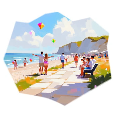 A picturesque promenade along the Normandy coast, featuring a wide pathway lined with smooth pebbles and vibrant greenery. Numerous people are scattered along the path, some sitting on benches while others stroll leisurely, taking in the scenic views of the ocean. A couple is pointing toward the horizon, excitedly sharing their thoughts. Children are playing nearby, flying colorful kites that dance in the gentle breeze. The cliffs of Normandy rise majestically in the background, with their rugged textures contrasting against the soft, blue sky dotted with fluffy white clouds.