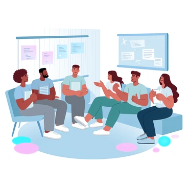 A group of teenagers is sitting in a church basement, surrounded by wooden paneling and simple furniture. Some teenagers are leaning forward, animatedly discussing a topic, while others are seated with thoughtful expressions. A few have notebooks and pens, taking notes or jotting down ideas. There are colorful cushions scattered around the room for comfort. A large bulletin board on the wall displays various flyers and announcements in different colors. The lighting is soft and warm, creating a welcoming atmosphere.
