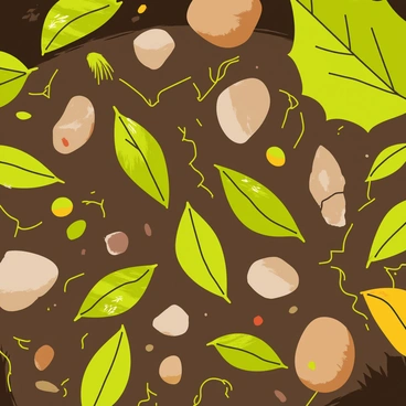 A close-up view of a forest floor filled with a variety of elements. The ground is covered with multi-colored leaves in shades of green, brown, and yellow. Scattered among the leaves are small, irregularly shaped rocks of different sizes and textures. The soil is rich and dark, with visible patches of light brown and hints of moss peeking through. Tiny roots intertwine with the soil, and small insects can be seen crawling among the detritus, adding life to the scene.