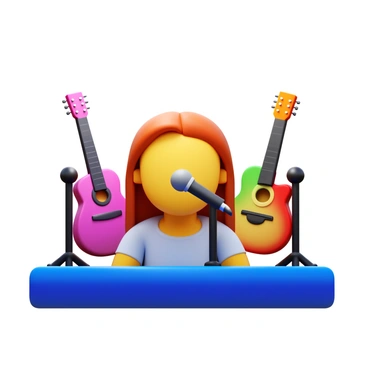 A musician streaming live from a small stage. The musician has long hair and is wearing a casual shirt. There are several guitars of different colors displayed around them, including an electric guitar and an acoustic guitar. Multiple microphones are positioned on stands nearby. The background features soft lighting that highlights the musician and their instruments. The musician is actively engaging with the audience through their performance.