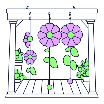 A set of wind chimes crafted in the shape of flowers is hanging from the roof of a porch. Each flower is intricately designed, featuring multiple petals and a central disc that catches the wind. The chimes are suspended by fine green strings that connect them to a wooden beam above. Below the flowers, there are small green beads that dangle and add additional detail. The porch has wooden flooring, and in the background, there are hints of potted plants with greenery surrounding the area.