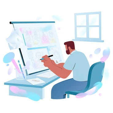 A cartoonist is sitting at a cluttered desk filled with various drawing tools, crumpled papers, and paintbrushes. The cartoonist has a focused posture while sketching a humorous political cartoon on a large sheet of paper. There are colorful sketches and outlines scattered around the desk, showcasing different characters and scenes. A coffee mug sits precariously next to the artist, with a few pencil shavings nearby. A window in the background lets in soft light that illuminates the workspace, highlighting the creativity and chaos of the environment.