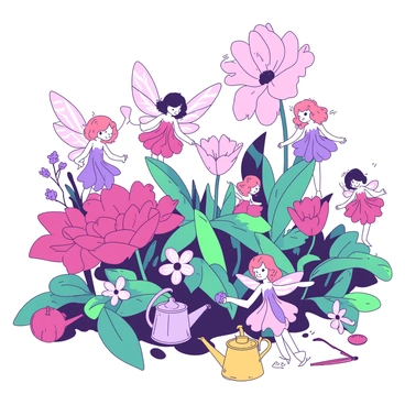A garden filled with giant flowers in varying shades of color, with petals that curl and shimmer. Among the flowers, there are tiny fairies with iridescent wings fluttering about, their delicate features illuminated by the sunlight. Each fairy is wearing a gown made of flower petals, blending naturally with the vibrant flora around them. Some fairies are gently watering the flowers with small, ornate watering cans, while others are pruning the oversized leaves with tiny scissors. The scene is alive with the colors of the flowers and the fairies, creating a magical atmosphere.