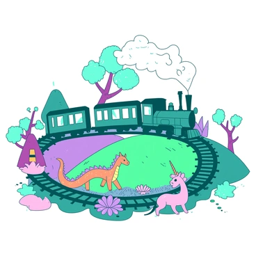 A teal train is traveling on tracks that weave through a vibrant landscape filled with various whimsical creatures. The train has multiple colorful carriages, and its smoke billows in the air. Below the train, there is a rolling green hill dotted with oversized flowers in pink and purple hues. Various creatures, such as a orange dragon with shimmering scales and a small pink unicorn, are playing near the tracks. In the background, there are fantasy trees with spiraled trunks and sparkling leaves, creating a magical atmosphere around the train as it moves forward.