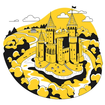 An aerial view of a large medieval castle with tall stone towers and fortified walls. The castle is surrounded by a wide moat filled with water, reflecting the castle's structure. Lush countryside spreads out around the castle, with green fields, dense forests, and winding rivers visible in the distance. The landscape features a patchwork of different terrains, with a few farmhouses dotted throughout the area. The sky above is clear, allowing for a bright atmosphere.