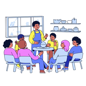 An artist standing next to a pottery wheel, demonstrating techniques to a group of attentive students. The artist is wearing an apron and has clay-covered hands, showcasing a small pot being shaped on the wheel. The students are seated around the wheel, observing closely, with some taking notes. The studio is filled with various pottery tools and pieces arranged on shelves. Natural light filters in through a window, illuminating the workspace.