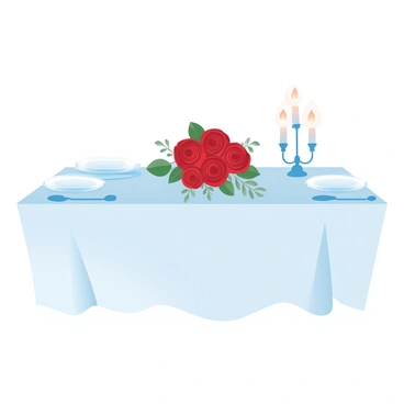 A beautifully arranged dinner table is set with a crisp white tablecloth. On the table, there are elegant candle holders with lit candles casting a warm glow. A bouquet of red roses is placed in the center of the table, surrounded by delicate green leaves. There are two plates with fine dining cutlery arranged on either side of the table. Soft, inviting napkins are neatly folded beside each plate. The ambiance suggests an intimate atmosphere for a romantic dinner.