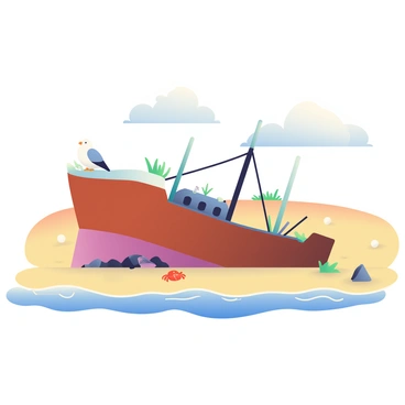 An abandoned shipwreck with a rusted hull is lying on a sandy beach, partially buried in the golden sand. The ship has broken masts and scattered debris around it, with a few small, green plants starting to grow on its surface. Seagulls are perched on the upper edge of the ship, while some crabs scuttle across the sand nearby. Gentle waves are lapping at the shore, and the sky above is filled with fluffy white clouds, casting soft shadows on the beach. In the distance, rolling dunes are dotted with patches of grass.