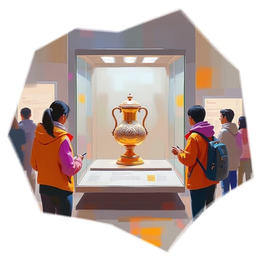 A museum exhibit featuring an ancient collier displayed prominently in a glass case. The collier is adorned with intricate patterns and carvings that showcase its storied past. Surrounding the collier are informative plaques with text detailing its history. Soft lighting highlights the details of the piece, while a dark backdrop enhances the exhibit's focus. Visitors can be seen admiring the collier, some taking notes and others discussing its significance.