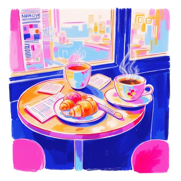 A warm café setting features a small wooden table. On the table, there is a steaming coffee cup with a floral design. Beside the coffee cup, a discreet vibrator is placed subtly. Scattered around the table are several newspapers with various headlines visible. There is also a plate with an assortment of pastries, including a croissant and a danish, placed in the center. The background includes soft lighting, creating an inviting atmosphere.