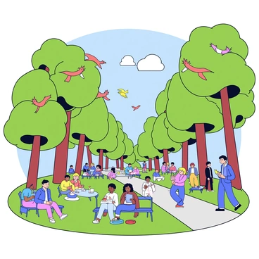 A city park ecosystem with squirrels, birds, and people interacting with nature