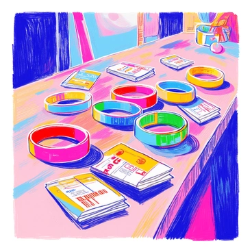 A table is covered with various colorful wristbands in bright shades of red, blue, green, and yellow. There are also scattered tickets with intricate designs and bold numbering, some partially overlapping. The table surface is a simple wood grain, providing contrast to the vivid colors of the wristbands and tickets. In the background, there are hints of event paraphernalia, like a backdrop and some balloons, creating an atmosphere of anticipation.