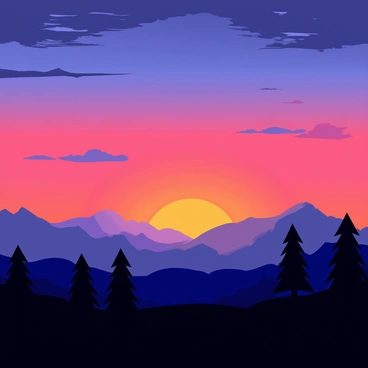 A twilight scene with a horizon that transitions smoothly from "ice blue" to "fiery red." The sky is filled with gradients of these colors, creating a visually striking backdrop. Silhouettes of dark mountains are visible against the horizon. A few scattered clouds reflect the vibrant colors of the sky, enhancing the overall atmosphere. In the foreground, there are silhouettes of trees with branches reaching upward, adding depth to the scene. The entire landscape is bathed in the soft light of dusk, creating a captivating view.