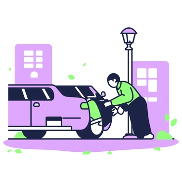 A shadowy figure is crouched near a parked car under the dim light of a streetlamp. The figure is dressed in dark clothing, obscured by shadows, with their face partially hidden. The car is a sleek sedan with its windows slightly tinted, parked on a quiet street. The surroundings are an urban environment, with faint outlines of buildings in the background and a few scattered leaves on the ground. The scene conveys a sense of tension and secrecy as the figure appears to be inspecting the car's door handle.