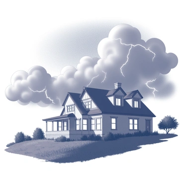 A house situated on a hill, featuring a steeply pitched roof and multiple gabled sections. The structure has several windows reflecting the light. Dark clouds loom overhead, creating a dramatic atmosphere. Lightning strikes illuminate the sky in sharp patterns, casting brief shadows across the landscape. The surrounding area includes rugged terrain, with grass swaying in the wind and trees bent slightly to one side. The scene captures the intensity of the storm along with the steadfast presence of the house.