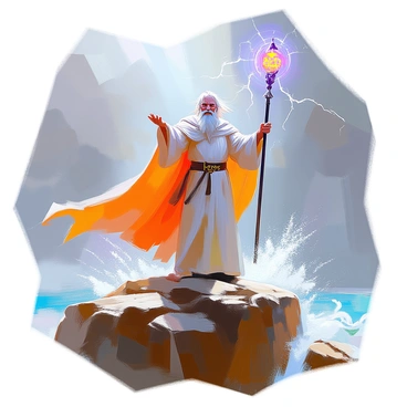 A powerful wizard stands on a rugged cliff, his long flowing robes billowing in the fierce wind. "Merlin" is etched in glowing runes on his staff, which he raises high above his head. Dark clouds swirl ominously overhead, and flashes of lightning illuminate his focused expression. The raging storm intensifies around him, with sheets of rain cascading down, rocks scattered at his feet. Gusts of wind whip through his hair and beard as he extends his other hand, summoning a torrent of water from the sea below to swirl around him. The atmosphere is electric, filled with energy as he channels the elements in a dramatic display of mystical power.
