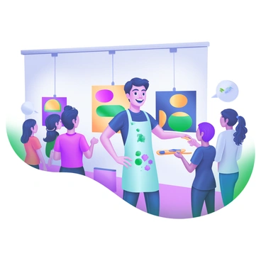 A close-up of a student standing proudly beside their "colorful artwork" in a gallery setting. The student is wearing a "light blue apron" splattered with paint, with a slight smile on their face. The artwork consists of vibrant "abstract shapes" and "bold colors", displayed on the wall behind them. Surrounding the student are small groups of visitors, admiring the artwork and discussing it in hushed tones. The gallery has polished wooden floors and soft, diffused lighting illuminating the art pieces.