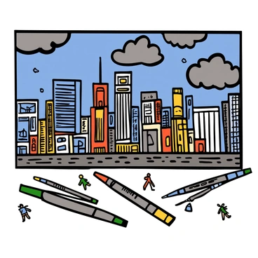A dramatic comic panel depicts a bustling cityscape with towering skyscrapers and intricate buildings. The scene is in the process of being colored with vibrant Faber-Castell markers. A set of colorful markers is scattered across a table in the foreground, showcasing various shades of blue, red, yellow, and green. In the background, the sky above the city is filled with dramatic clouds, hinting at an impending storm. The details of the buildings are emphasized with bold outlines, and the city is alive with tiny figures of people walking on the streets below, adding a sense of movement and vitality to the scene.