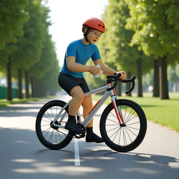 A cyclist with short brown hair, wearing a bright red helmet and a blue cycling jersey, is applying oil to a shiny silver bicycle chain. The bicycle has a sleek design with black tires and red accents. The cyclist is focused on the task, with one hand holding the chain while the other is squeezing a small bottle of oil. In the background, a sunny trail lined with green trees stretches into the distance, casting dappled shadows on the ground. The sunlight creates a vibrant atmosphere, highlighting the cyclist's concentration and the details of the bicycle.
