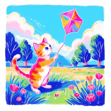 A cute cat with large expressive eyes and soft fur is flying a colorful kite. The kite is shaped like a butterfly and features vibrant patterns in shades of red, blue, yellow, and green. The cat stands on its hind legs, holding the kite string with its paw. In the background, a bright blue sky is filled with fluffy white clouds. The scene takes place in a green park, where the grass is lush and dotted with wildflowers. Trees sway gently in the wind, adding a sense of movement to the image.