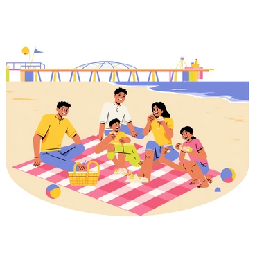 A family having a picnic on a sandy beach. The scene includes a checkered red and white picnic blanket spread out on the sand. The family consists of four members: a father, a mother, a son, and a daughter, all smiling and engaged in eating sandwiches and fruit. A colorful picnic basket sits next to them. In the background, there is a vibrant Art Deco boardwalk with geometric patterns and bright colors, leading towards a clear blue sky and gentle waves lapping at the shore. A beach ball and a sandcastle are nearby, enhancing the cheerful atmosphere of the beach day.