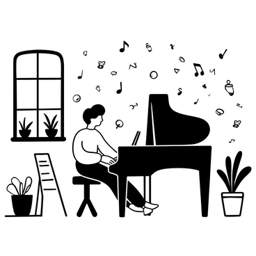 A person seated at a grand piano, with hands poised over the keys. Sunlight streams through open windows, casting intricate shadows on the wooden floor. The room is filled with various musical notes and symbols floating in the air around the musician. There are potted plants placed near the windows, and a music stand holding sheet music beside the piano.