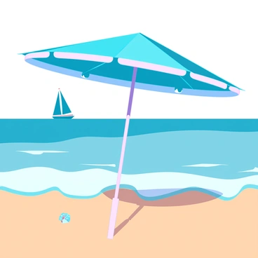 A blue parasol with a white border, elegantly unfurled, stands firmly in the warm golden sand of a beach. The parasol casts a crisp, defined shadow on the ground beneath it. In the background, the ocean stretches vast and clear, with gentle waves lapping at the shore. A few small seashells are scattered in the sand near the base of the parasol, and a distant sailboat can be seen gracefully gliding across the horizon. The sky above is bright and cloudless, enhancing the tranquil atmosphere of the beach scene.