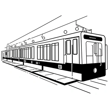 A retro subway car with vintage-style seating featuring upholstered benches along the sides. The car's interior includes metal poles for standing passengers, and there are advertisements from the mid-20th century on the walls. The ceiling is adorned with circular light fixtures, and the floor is covered in a patterned tile. Large windows allow for views of the tracks outside, and a destination sign hangs at the front of the car, indicating its route.