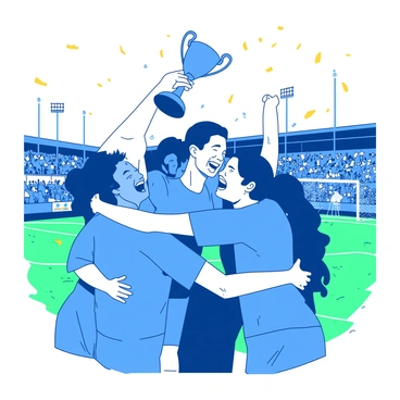 A group of athletes wearing blue jerseys is celebrating a victory with a joyful group hug on a green sports field. Their faces are filled with excitement and triumph, displaying wide smiles and raised arms. Confetti in yellow is falling around them, adding to the festive atmosphere. In the background, there are goalposts and cheering fans in the stands. One player is lifting a trophy high above their head, while others lean in closer for the embrace. The scene captures the energy and camaraderie of the moment.