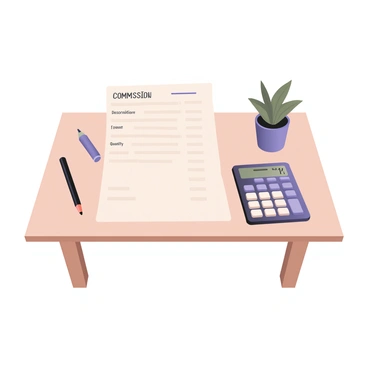 A digital flat illustration depicting an invoice layout on a clean workspace. The invoice is placed centrally on a light wooden table and features an itemized list of commission prices in a clear, legible font. Various sections of the invoice are labeled, including "Item Description", "Quantity", "Unit Price", and "Total". A calculator is positioned to the right of the invoice, with the display showing a number. A pen is resting beside the invoice, and a small potted plant is in the background, adding a touch of greenery to the workspace.