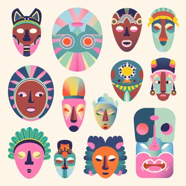A collection of intricately carved African tribal masks is displayed on a textured wall. Each mask features unique patterns and vibrant colors, showcasing a variety of artistic styles. Some masks have elongated features and bold geometric designs, while others exhibit more rounded shapes with detailed facial expressions. The masks are arranged in a visually appealing manner, with varying heights and orientations, creating an engaging focal point. Soft lighting emphasizes the intricate details and craftsmanship of each mask, highlighting their cultural significance.