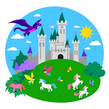 A vibrant mural depicting a magical fantasy world. In the foreground, a majestic dragon with shimmering scales soars through the sky, its wings spread wide. Below, a grand castle with towering spires and intricate stonework stands atop a lush green hill. Surrounding the castle are various mythical creatures, including unicorns with flowing manes and colorful fairies fluttering around. The background showcases a bright blue sky filled with fluffy clouds and a radiant sun, casting warm light over the enchanting landscape.