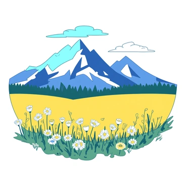 A bright yellow field of wildflowers stretches across the foreground, with a variety of blooms swaying gently in the breeze. In the background, a majestic mountain range rises sharply against the sky, its peaks dusted with white snow. The mountains are rugged and steep, creating a striking contrast with the softness of the flowers below. A few fluffy white clouds drift lazily above, complementing the vibrant scene. The field is alive with the colors of the wildflowers, drawing the eye towards the grandeur of the mountains behind them.