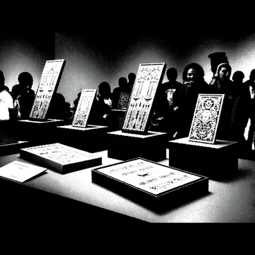 An exhibit is displayed in a museum, featuring several ancient backgammon boards arranged neatly on glass pedestals. Each board showcases intricate carvings and unique designs, reflecting the craftsmanship of its era. The background features dim lighting that highlights the details of the boards, casting soft shadows on the surfaces. Information plaques sit beside each board, providing historical context. Visitors can be seen observing the exhibit, some taking notes while others admire the artistry of the items.