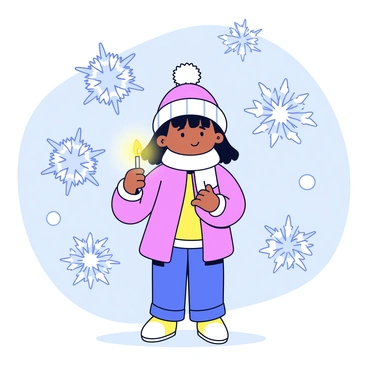 A little girl stands in the center of the image, holding a glowing match that emits a warm light. Intricate ice crystals are forming around her, with delicate patterns and sharp edges that reflect the light from the match. The background is softly blurred, emphasizing the girl and the ice crystals surrounding her. The girl has a look of wonder on her face, and she is dressed in a cozy winter outfit, complete with a knitted hat and scarf. The overall scene captures the contrast between the warmth of the match and the coldness of the ice crystals.