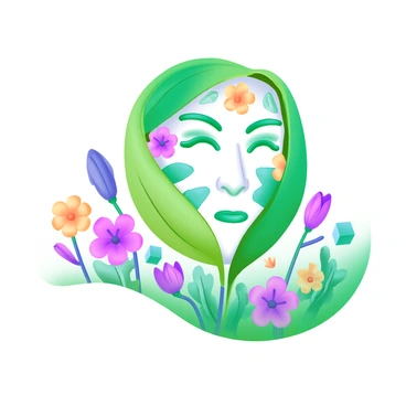 A modern pastel illustration featuring a face composed of various green leaves and colorful flowers. The leaves form the outline and structure of the face, while the flowers provide vibrant details for the eyes, nose, and mouth. Surrounding the face is a lush garden filled with more flowers and greenery, creating a seamless blend between the face and the natural environment. The color palette includes soft greens, bright floral hues, and earthy tones, all contributing to the whimsical appearance of the illustration.