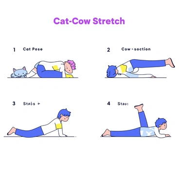An instructional poster showcasing the cat-cow stretch. The top section includes the title "Cat-Cow Stretch" in bold letters. Below, there are two distinct illustrations side by side. The first illustration depicts a person on hands and knees in the cat position, with a label indicating "Cat Pose." The second illustration shows the same person in the cow position, with a label indicating "Cow Pose." Each illustration has clear, simple lines and minimal colors to emphasize the stretch positions. Additionally, there are numbered steps next to each illustration that outline the movements involved in the stretch.
