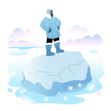 A brave polar explorer is standing atop a large iceberg, wearing a fur-lined coat with a hood. The explorer has their hands resting on their hips, surveying the vast, icy landscape. In the distance, a serene horizon meets a sky filled with soft gradient pastel colors, blending blues and pinks. The surface of the iceberg is textured with cracks and grooves, reflecting the light. The surrounding sea is frozen, scattered with smaller ice floes. Light reflects off the ice, creating a shimmering effect around the explorer.