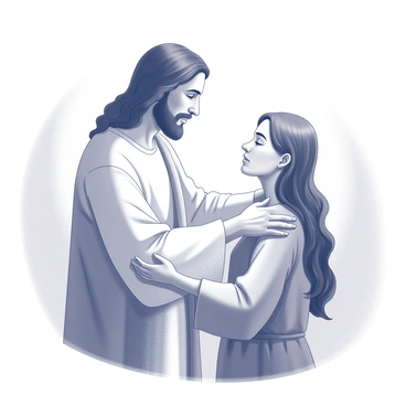 A figure of Jesus stands with a compassionate expression. He is gently touching the shoulder of a person who is facing him, conveying a sense of comfort and healing. The person has a serene expression, reflecting relief and gratitude. The background features soft, flowing lines that suggest a peaceful atmosphere. Jesus wears a simple robe, and the person's clothing is modest, enhancing the feeling of humility and connection between them. Light emanates from Jesus, highlighting the tender moment shared between the two figures.