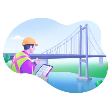 A contractor inspecting the structure of a large suspension bridge