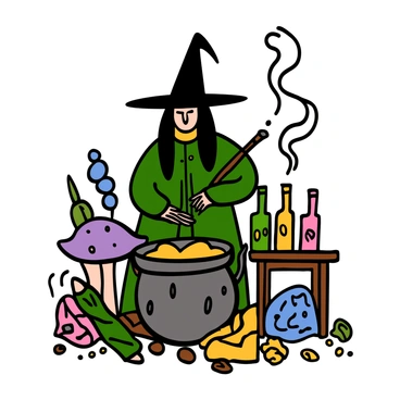 A witch with light skin and long black hair is stirring a large, bubbling cauldron. She is wearing a dark green robe with silver accents, and a pointy black hat rests atop her head. The cauldron is surrounded by various strange ingredients, such as bright purple mushrooms, twisted roots, and shimmering crystals. Glowing potions in colorful bottles are lined up on a wooden table nearby. The atmosphere is filled with swirling steam rising from the cauldron and a hint of magic in the air.