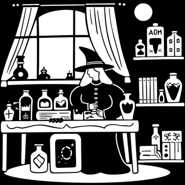 A witch with long, flowing robes sits at an ornate wooden table in a cozy lair. The table is cluttered with various glass bottles filled with potions of different shapes and sizes. A stack of ancient grimoires lies open beside her, their pages filled with intricate illustrations and arcane symbols. The witch is deeply focused on a large gothic book that rests in front of her, its cover embossed with mysterious designs. Shadowy corners of the lair reveal shelves lined with more potions and candles, casting flickering light across the scene. A large window with heavy drapes lets in a sliver of moonlight, enhancing the mystical atmosphere.