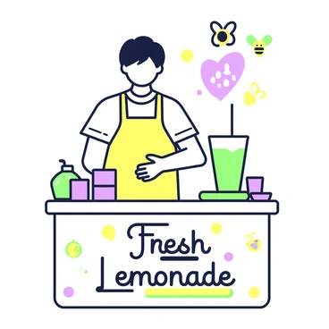 A child is standing behind a lemonade stand with a brightly colored bee-themed sign that reads "Fresh Lemonade". The child has short hair and is wearing a yellow apron over a white t-shirt. There is a pitcher of lemonade on the stand, along with several cups stacked neatly beside it. A small table is also decorated with lemons and a few ice cubes, suggesting a refreshing drink. In the background, there are a few playful bees illustrated on the sign, which adds a cheerful touch to the scene.