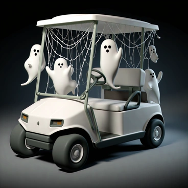 A golf cart, creatively decorated for a spooky theme, is adorned with multiple ghostly figures hanging from the sides. The cart's surface is covered in intricate cobwebs, stretching across the seats and dashboard, adding to the eerie atmosphere. The ghosts are white and semi-transparent, with wide eyes and flowing shapes, creating a haunting effect. The wheels of the cart are slightly muddy, as if it has been driven through a misty graveyard, enhancing the spooky vibe. The overall scene is set against a dimly lit background, making the decorations stand out even more.